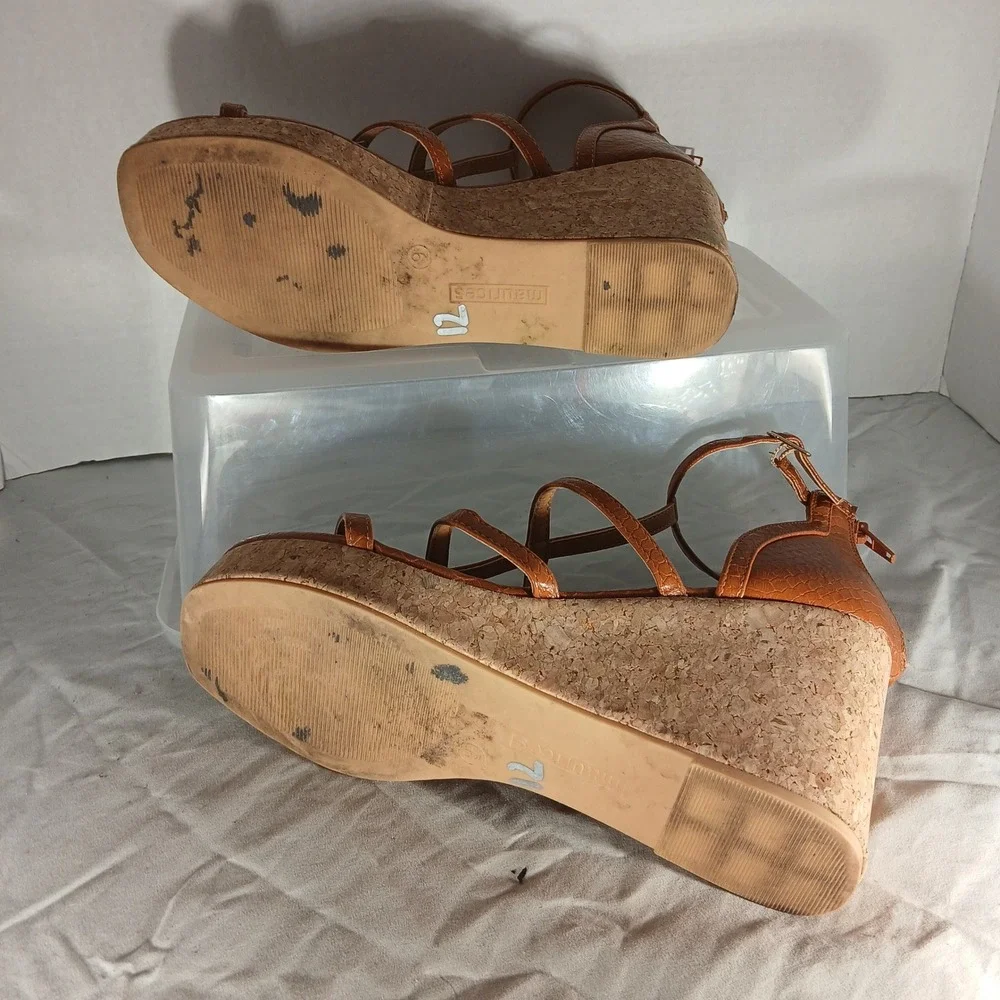Maurices Cognac Brown Snakeskin Strappy Cork Wedge Sandals‎ Womens Size 9 Z662